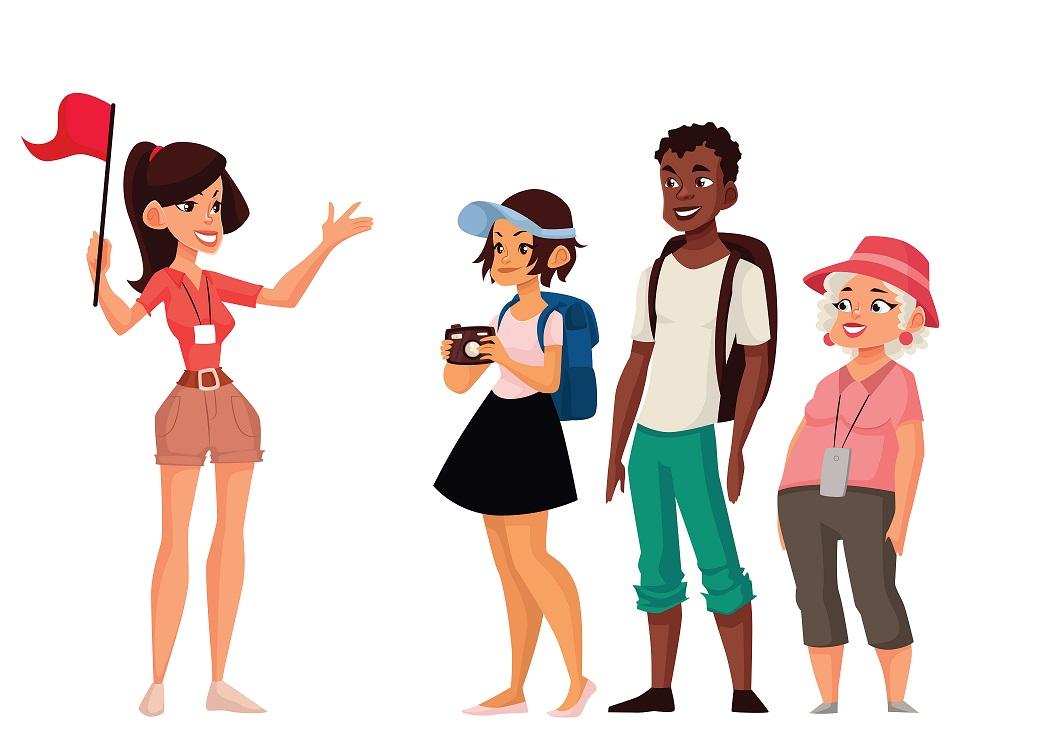 Dessin d'une guide-conférencière avec un groupe © Aleksandra Sabelskaia / 123RF.com